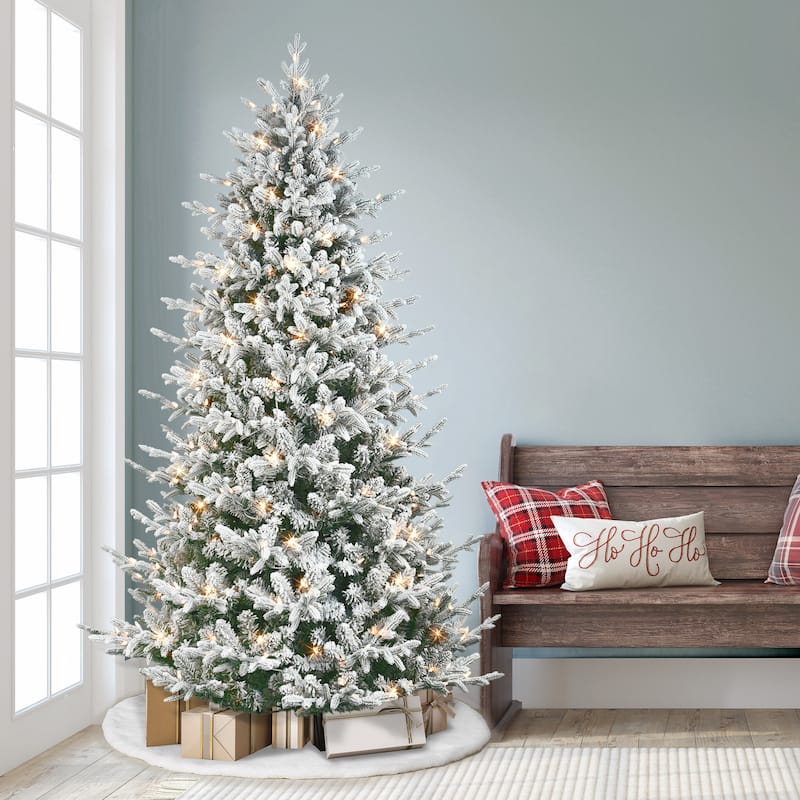 Puleo International 7.5 ft. Pre-Lit Flocked Boulderwood Artificial Spruce Tree