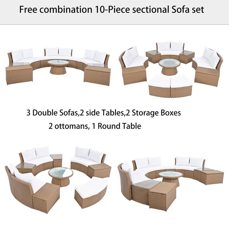 10-Piece Outdoor Sectional Half Round Patio Rattan Sofa Set,PE Wicker