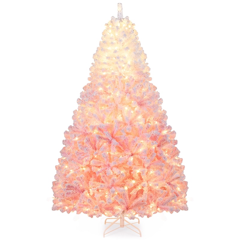 Costway 5/6/7/8 FT Artificial Christmas Tree with 180/250/350/470 Warm - See Details - 7 FT-White & Pink - 7 Foot