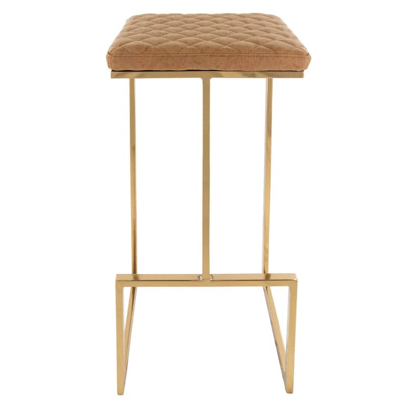 Quincy Set of 2 Modern Leather Barstool with Upholstered Square Seats in Gold Metal & Footrest for Home Bar & Kitchen Counter