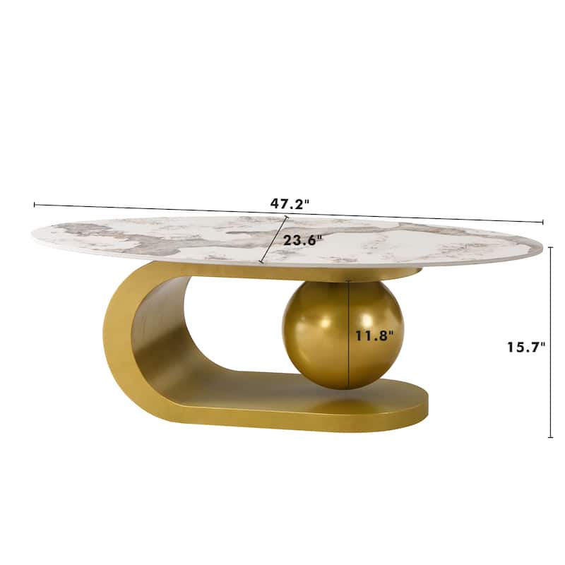 Roomfitters Modern Oval Coffee Table, Marble Pattern Sintered Stone Center Table, Luxury Living Room Accent Table Gold