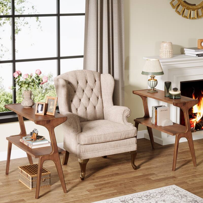 Modern SideTable with Storage Shelf, Sofa End Table with Solid Wood Legs, Bedside Table, Nightstand for Bedroom, Living Room