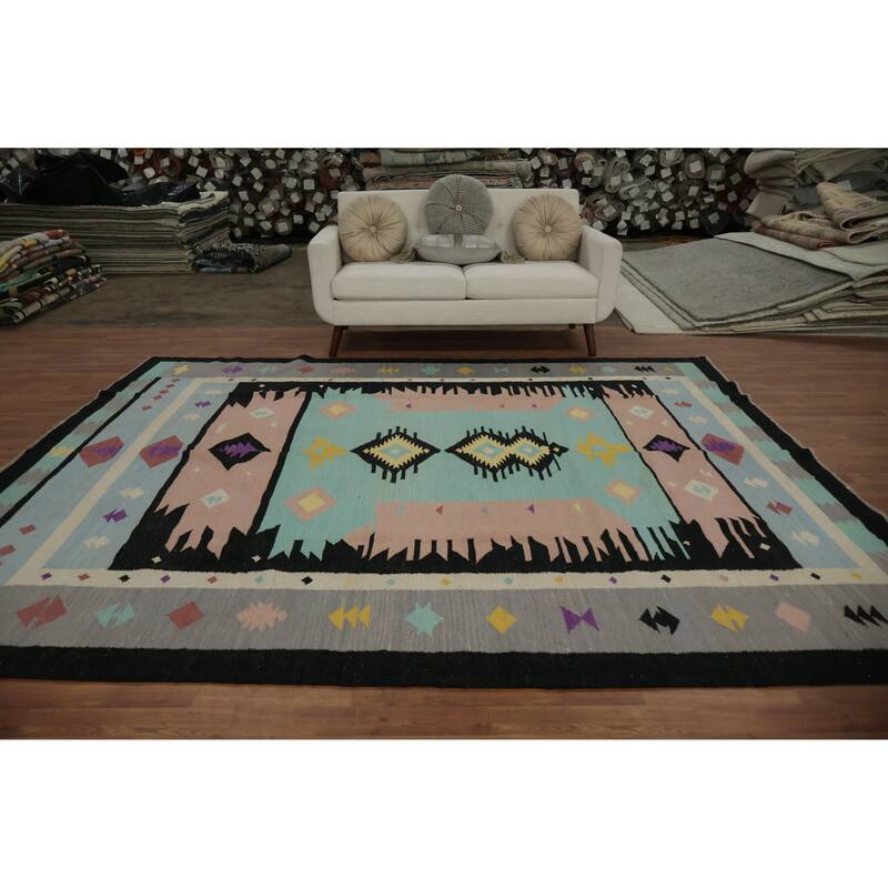 Hand Woven Oriental 100% Wool Carpet Southwestern Tribal Navy Blue & Blues Kilim Area Rug - 10' 0'' X 8' 5''