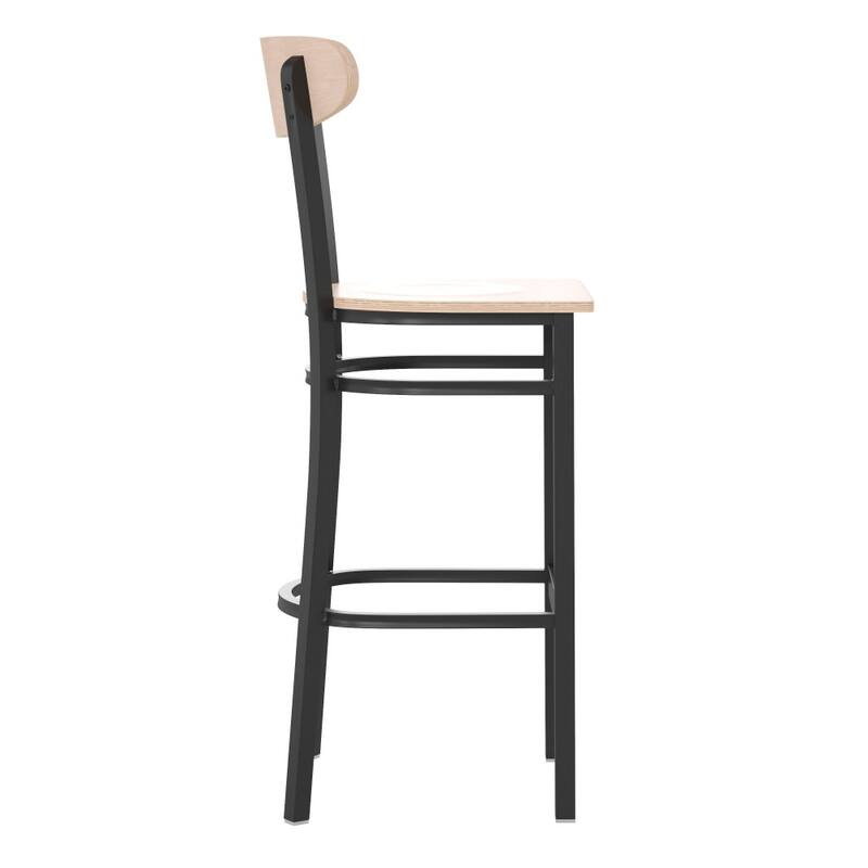 Commercial Metal Barstool with Wood Seat and Boomerang Back