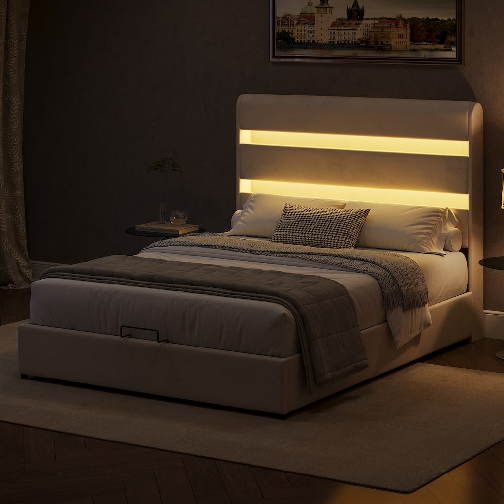 LED Storage Bed with Velvet Upholstery Headboard & Footboard, Beige Full
