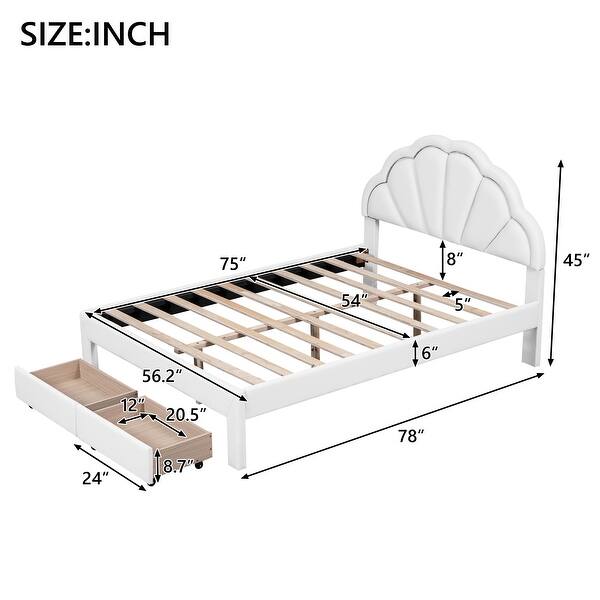 dimension image slide 1 of 2, Chic Full Size LED Bed with Seashell Headboard and Dual Storage Drawers, White/Pink