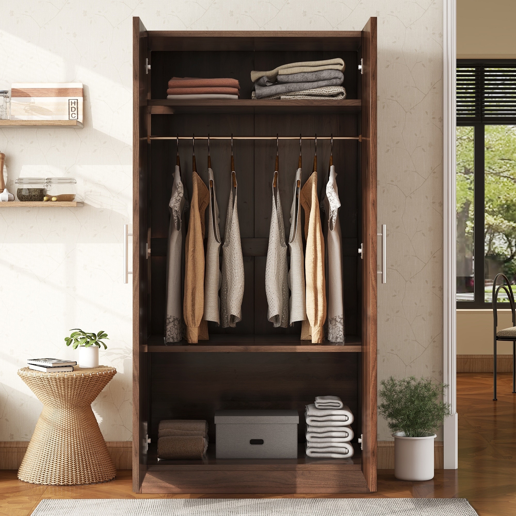 2-Door Wooden Wardrobe Bedroom Armoire with 3 Storage Shelves & Hanging Rod, Brown