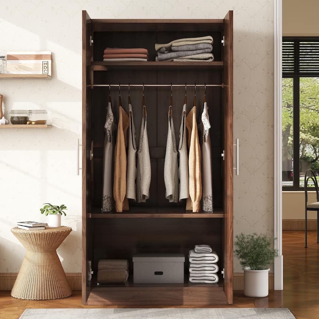 2-Door Wooden Wardrobe Bedroom Armoire with 3 Storage Shelves & Hanging Rod, Brown