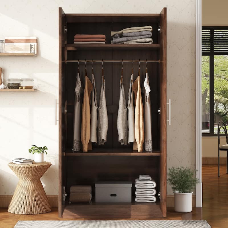 Roomfitters 2-Door Wooden Wardrobe Armoire with Adjustable Shelves for Bedroom Storage, Brown