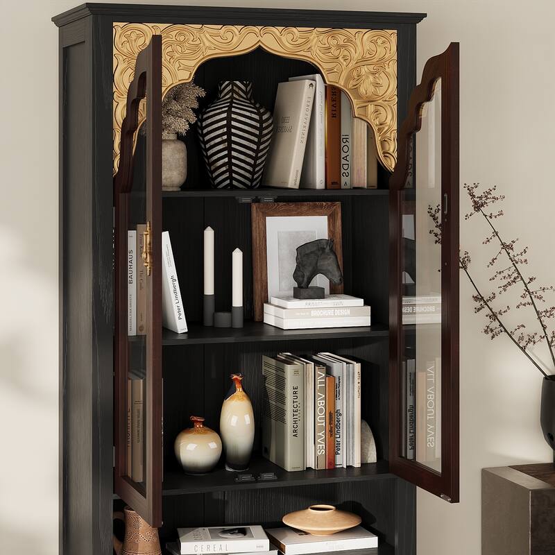 Asian Style Display Cabinet with Glass Doors Accent Curio Cabinet with Drawer Solid Wood and Tempered Glass Storage Shelf