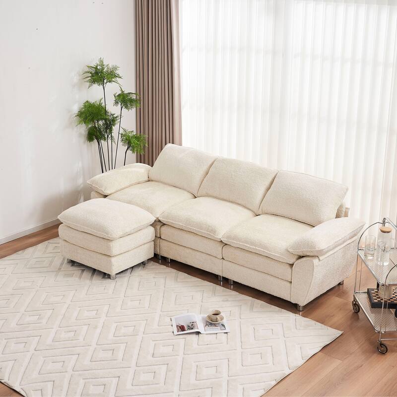 Modern Polyester 3 Seat Sofa Couch with Ottoman - Comfy Upholstered Sleeper Furniture for Living Room, Apartment - Beige