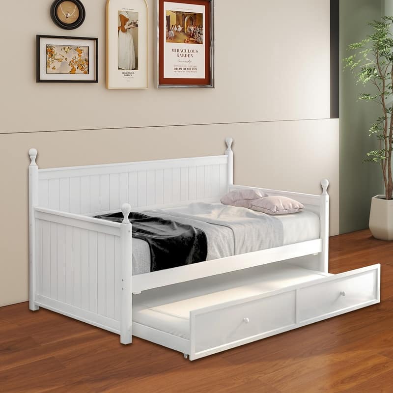 Wood Daybed Twin with Trundle, Twin Size Daybed Frame Sofa Bed - White