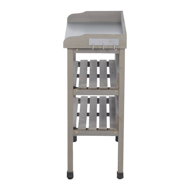 30"x14.5"×35.5" Potting Table w/Metal Tabletop, 3 Layers Outdoor Work Bench w/Hook for Garden, Solid Wood Workstation for Garage