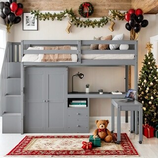 Loft Bed with Storage Bookshelf,Kids Bed with Desk & Wardrobe,Twin Size