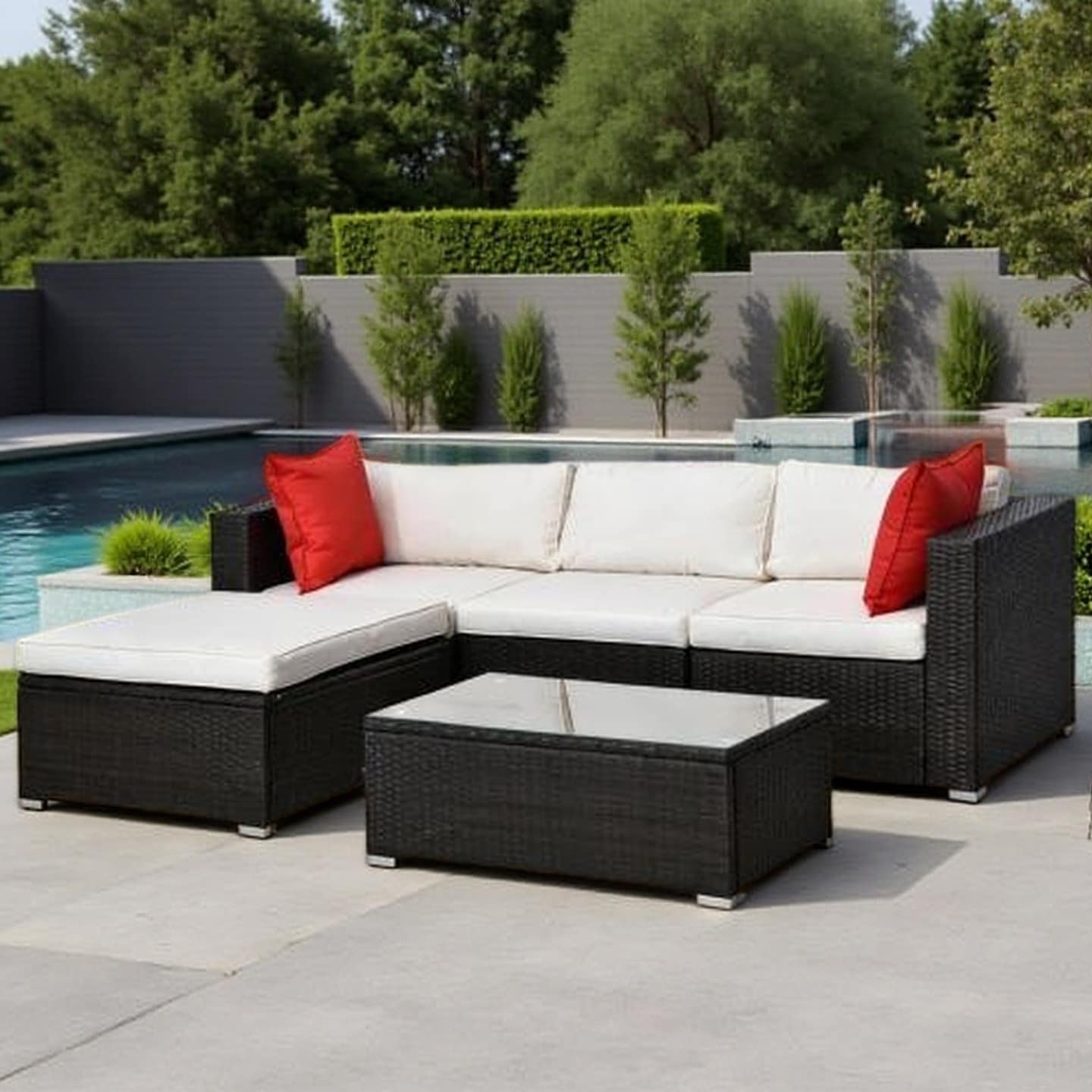 5-Piece Outdoor Sectional Sofa Set with Ottoman, Tempered Glass Coffee Table, Cream Cushions and Red Throw Pillows