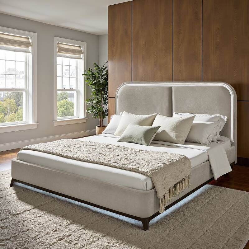 Tremont Curved LED Upholstered Platform Bed with Under-Bed Lighting by iNSPIRE Q Modern - Gray - King