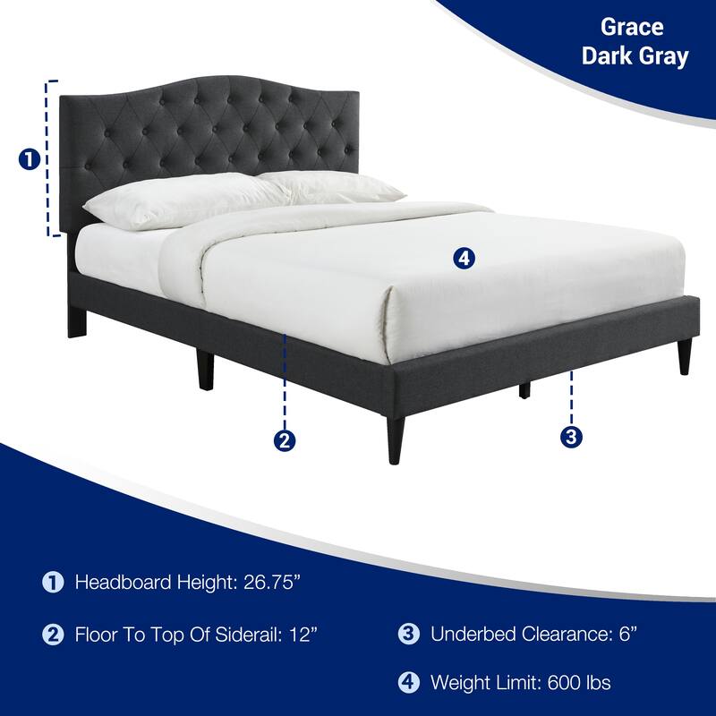 Grace by Ovis Upholstered Button-tufted Platform Bed Frame - Charcoal - King