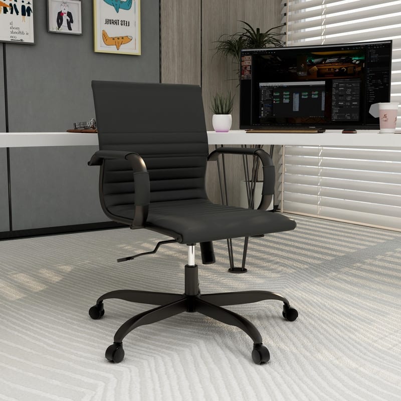 Harris Leather Mid-Back Adjustable Seat Height Office Desk Computer Swivel Chair in Black Metal Frame for Home Conference