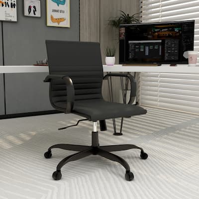 Harris Leather Mid-Back Adjustable Seat Height Office Desk Computer Swivel Chair in Black Metal Frame for Home Conference