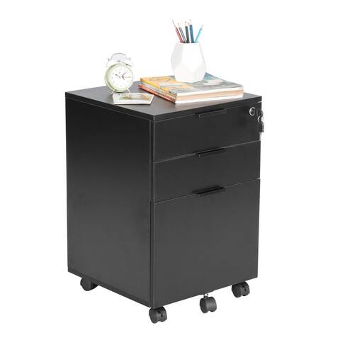 JJS 3-drawer Rolling Wood File Cabinet with Lock
