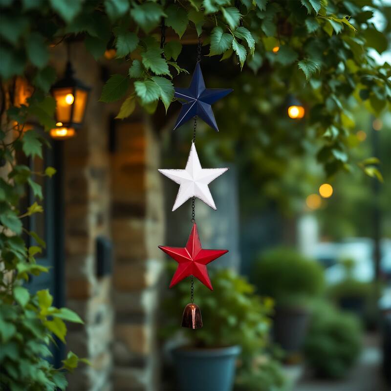 Metal Stars and Bell Hanging Patriotic Wind Chime Decoration - 26" - Multi