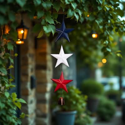 Metal Stars and Bell Hanging Patriotic Wind Chime Decoration - 26" - Multi