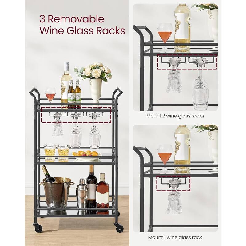 Home Bar Serving Cart with 3-Tier Shelf, Wine Holders, Glass Holders