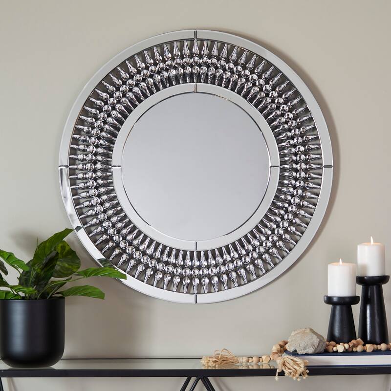 Elegant Silver Glass Wall Mirror with Crystal Embellishment