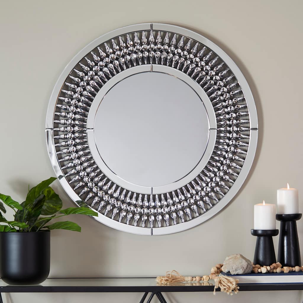 Elegant Silver Glass Wall Mirror with Crystal Embellishment