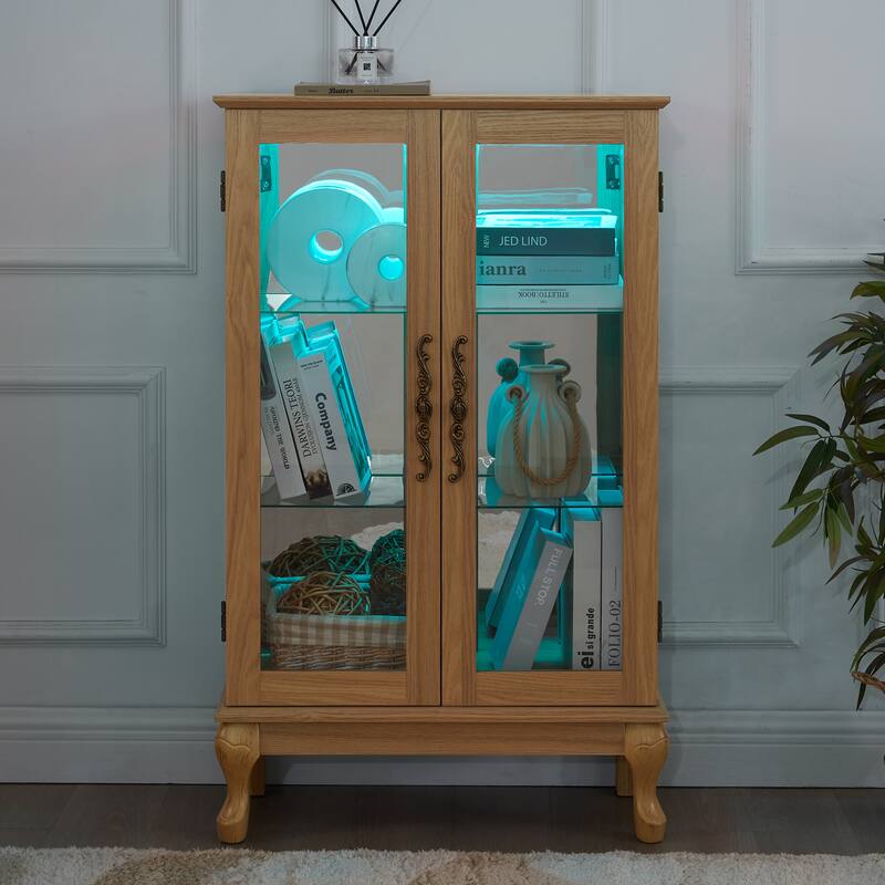 Elegant Light Oak Curio Cabinet with Tempered Glass Doors, LED Light, Mirrored Back Panel & Adjustable Shelves