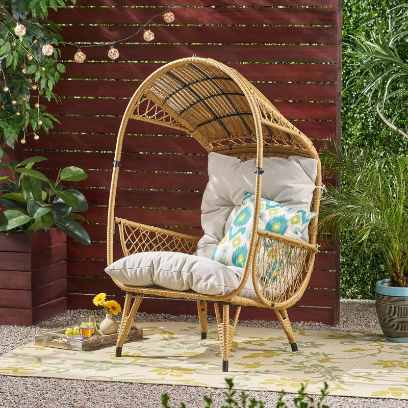Malia Outdoor Cushioned Wicker Basket Chair by Christopher Knight Home - Light Brown + Beige Cushion