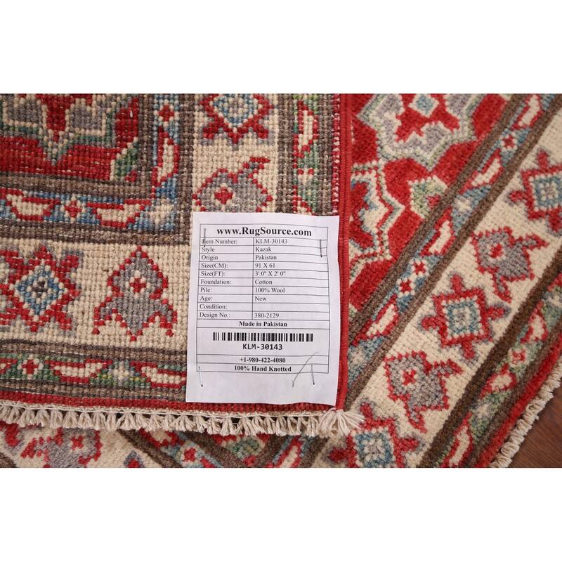 Geometric Kazak Foyer Rug Handmade Oriental Red Wool Carpet - 2'0" x 3'0"