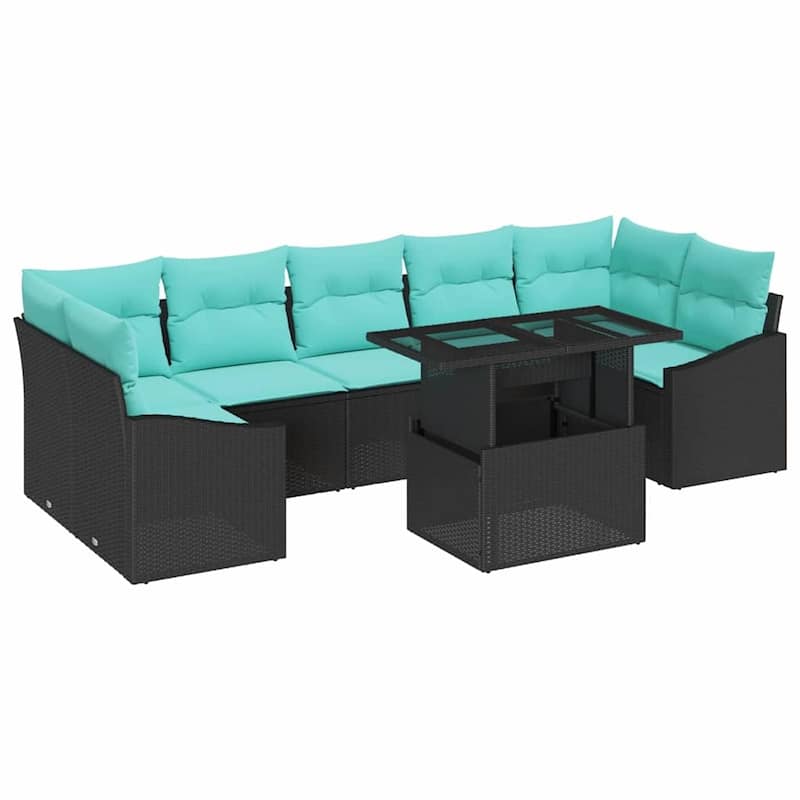 vidaXL 8 Piece Garden Sofa Set with Cushions Black Poly Rattan - 113.8×48.6×27.2