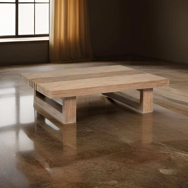Hida 33 Inch Outdoor Patio Coffee Table, Grooved Top, Brown Eucalyptus Wood