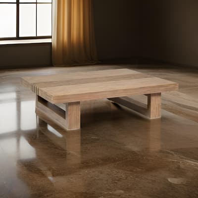 Hida 33 Inch Outdoor Patio Coffee Table, Grooved Top, Brown Eucalyptus Wood