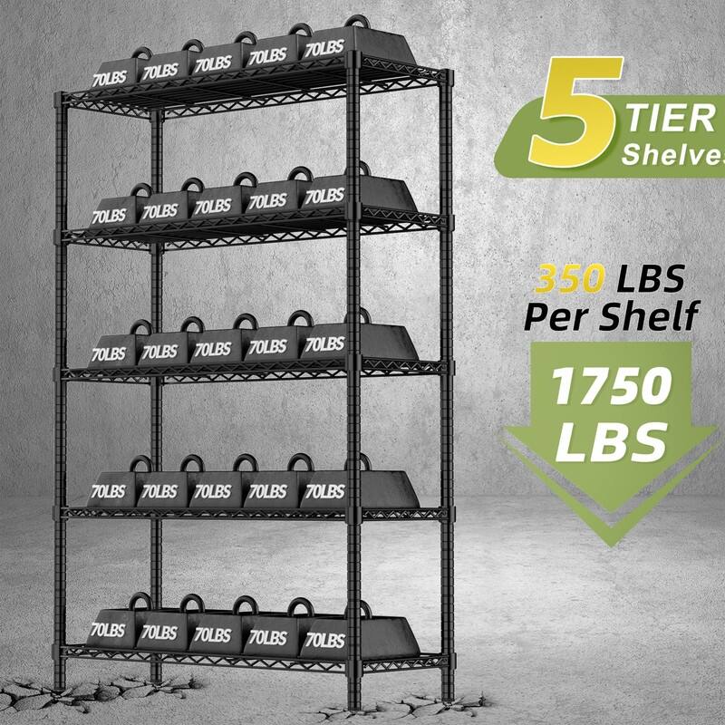 4/5-Tier Heavy Duty Wire Shelves, Chrome/Black, 36/48"W, 350/400 lbs - Black - 36"W
