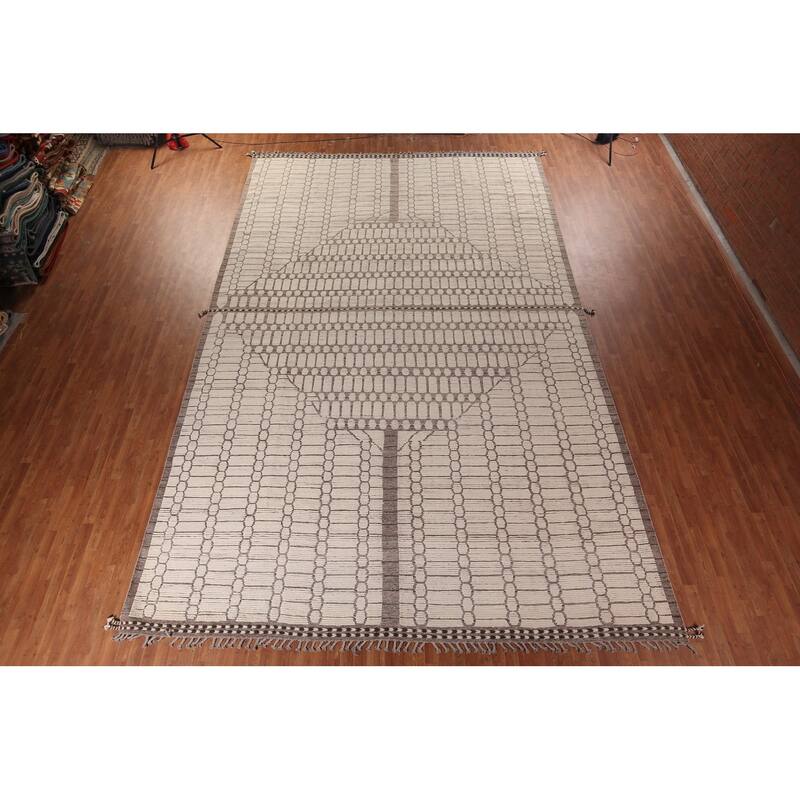 Geometric Ivory Moroccan Modern Large Area Rug Handmade Wool Carpet - 11'11"x 18'6"