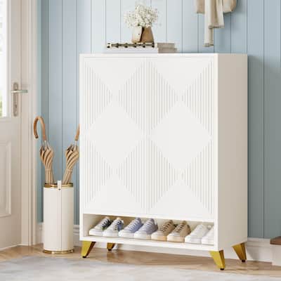 24 Pairs Large Wood Shoe Storage Cabinet with Doors for Entryway - 6-Tier