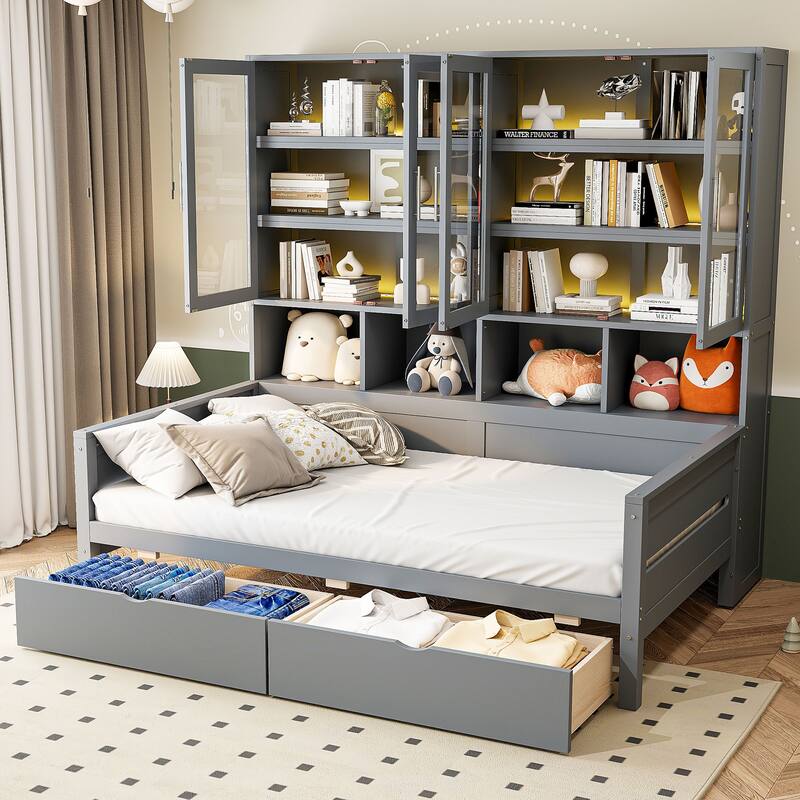 Bookcase Daybed with Storage Cabinets Wooden Captains Bed Built-in LED Lighting - Gray - Twin