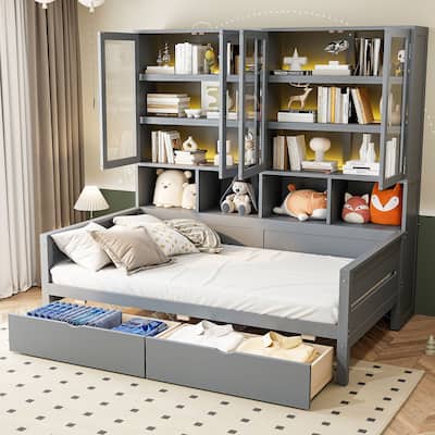 Roomfitters Wooden Daybed with Glass-Door Cabinets, Built-in Lighting and Storage Shelves
