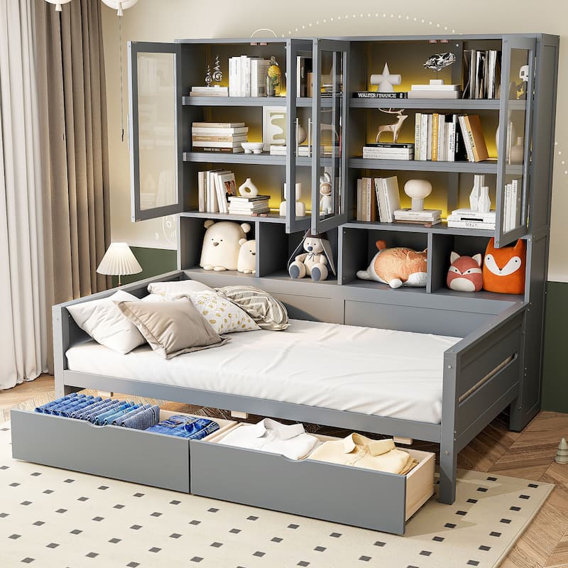 Twin Size Wooden Daybed with Glass-Door Storage, LED Lighting, and Shelves, Gray - Gray