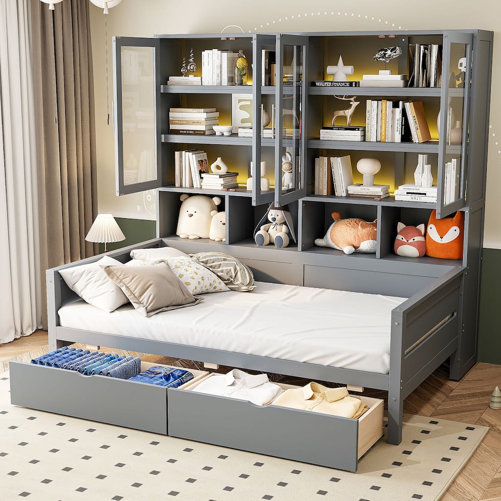 Twin Size Wooden Daybed with Glass-Door Storage, LED Lighting, and Shelves, Gray