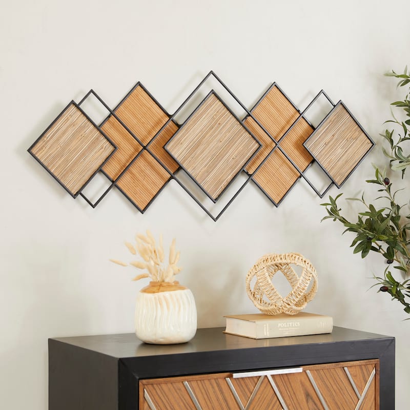 Bamboo Wood Geometric Overlapping Diamond Wall Decor with Metal Wire - Brown - Roche River Decor