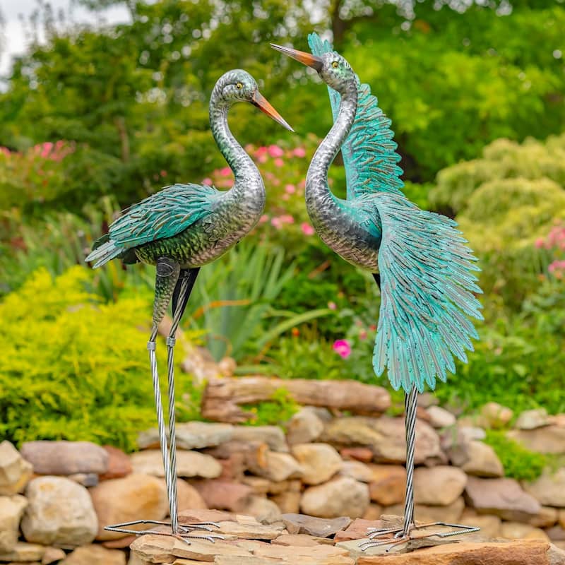 Set of 2 41.5" Tall Stylized Teal Metallic Crane Garden Figurines - Iron - Teal/Grey - Medium