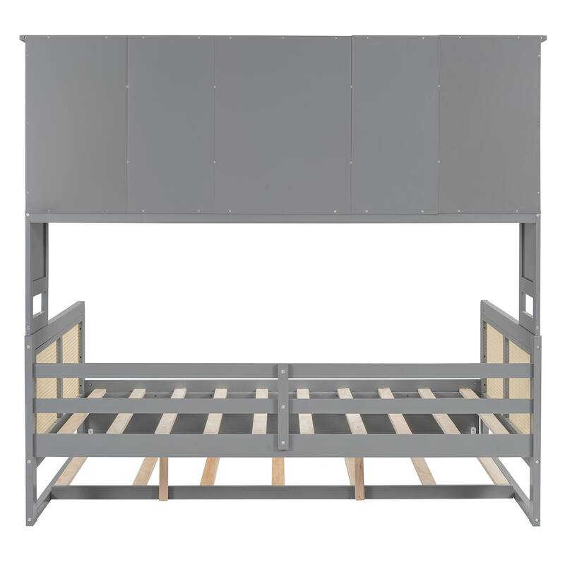 Wooden Daybed with Twin Trundle, Boho Style Rattan and Pinewood Platform Sofa Bed with All in One Cabinet and Shelf