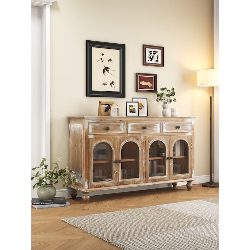 59.06"Farmhouse Sideboard Buffet Cabinet, Distressed Wood Credenza with 3 Drawers & 4 Glass Doors, Storage Cabinet with Shelves