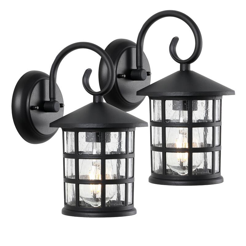 Plains 6" 1-Light Iron/Seeded Glass Cottage Rustic Scrolled Lantern LED Outdoor Lantern, Black (Set of 2) by JONATHAN Y