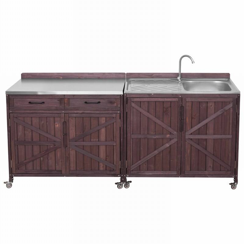 2-Piece Outdoor Kitchen Island Set with Stainless Steel Top and Sink, Drawer and Cabinets for Outdoor Storage w/ Wheels
