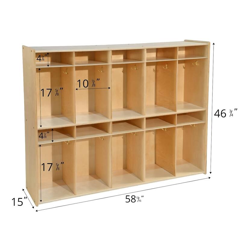 Contender Birch 10 Section Locker with Assorted Bins, Hanging Hooks, Coat Rack, Backpack Organizer, Toy Storage for Kids - 58"