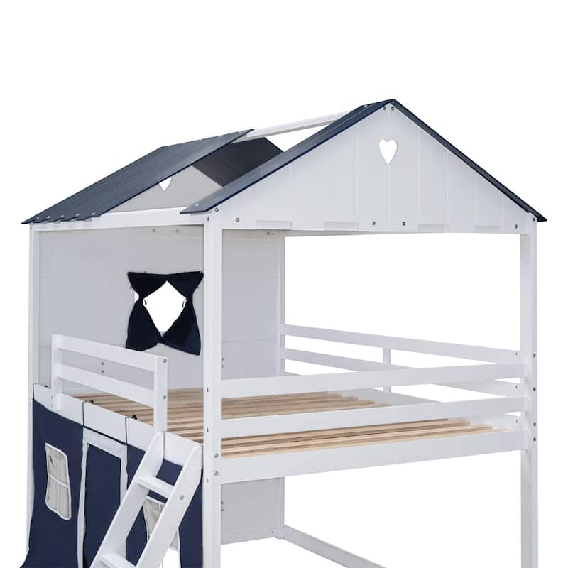 Merax Full/Twin Bunk Wood House Bed with Tent,